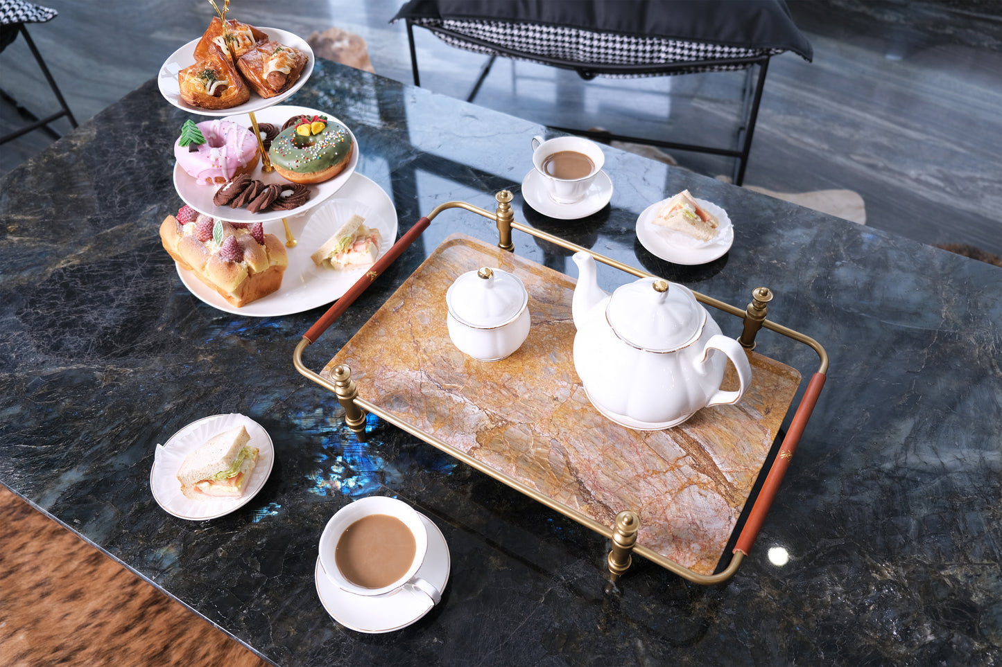 Natural Marble Stone Service Tray With Gold Brass Handle