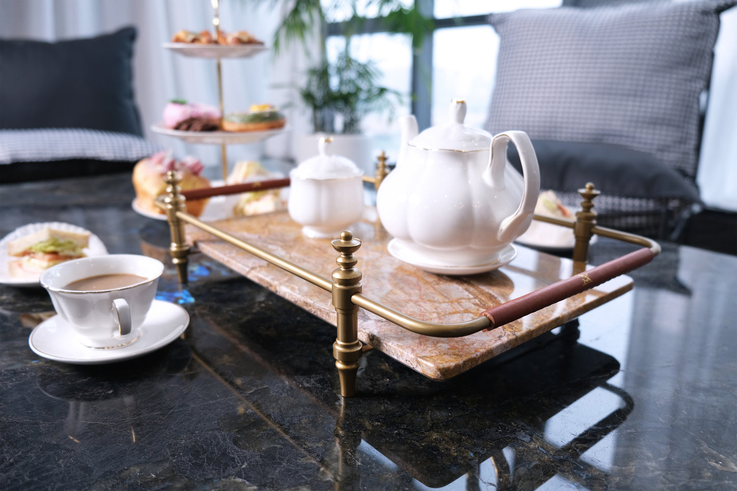 Natural Marble Stone Service Tray With Gold Brass Handle