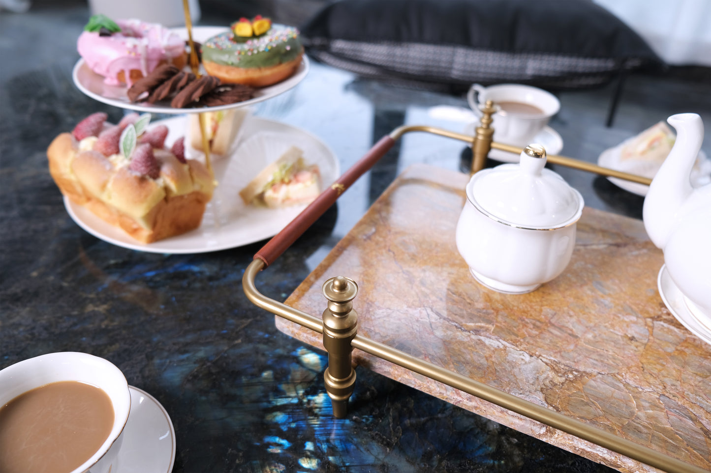 Natural Marble Stone Service Tray With Gold Brass Handle