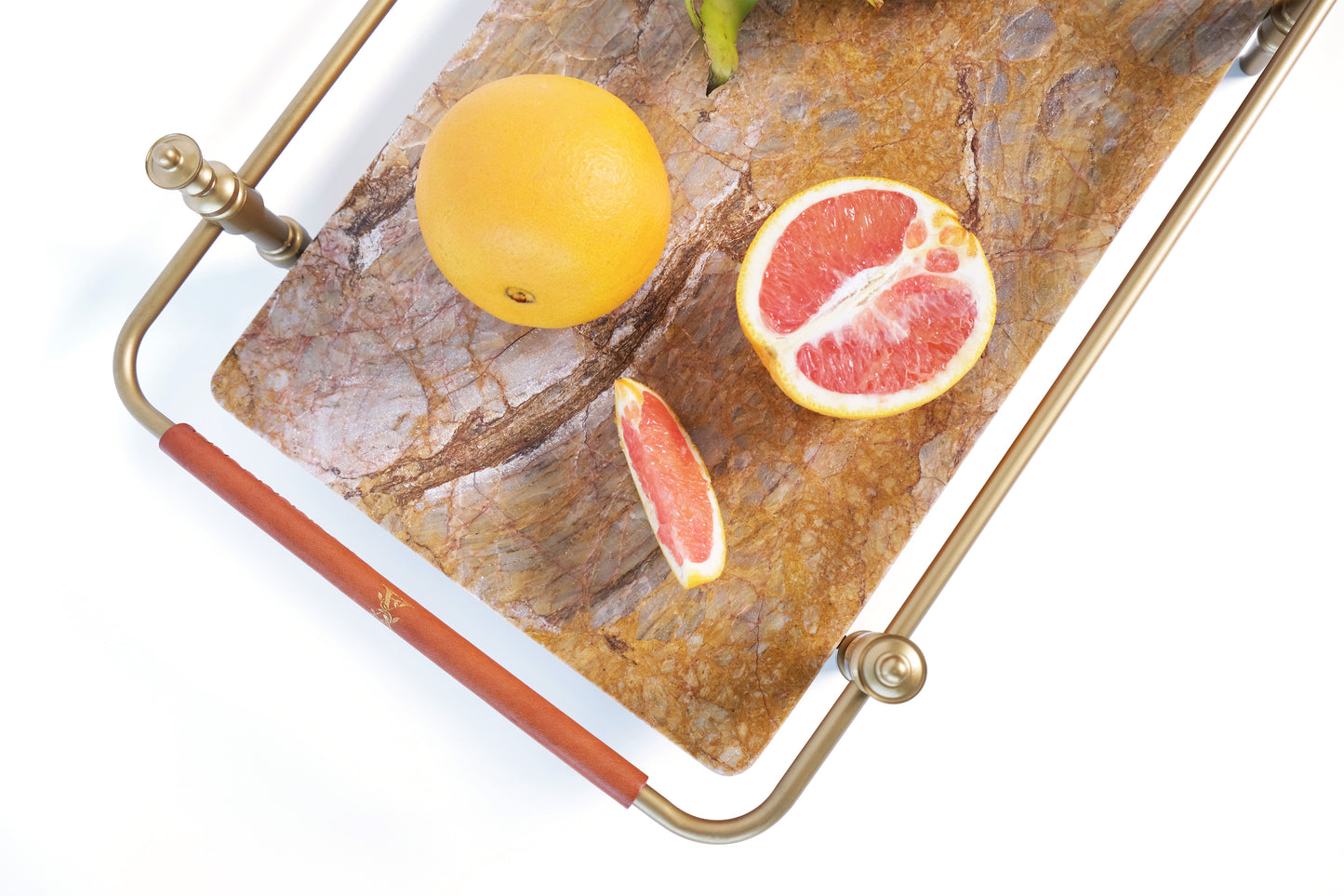 Natural Marble Stone Service Tray With Gold Brass Handle