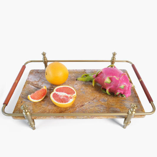 Natural Marble Stone Service Tray With Gold Brass Handle