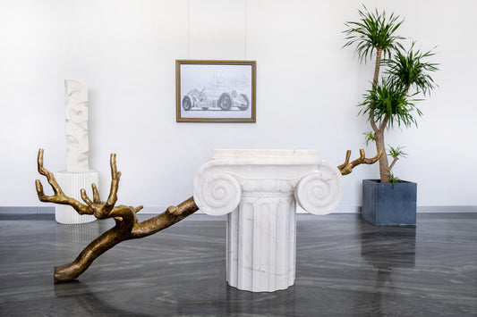 Handcrafted Marble Column Plinth With Bronze Root