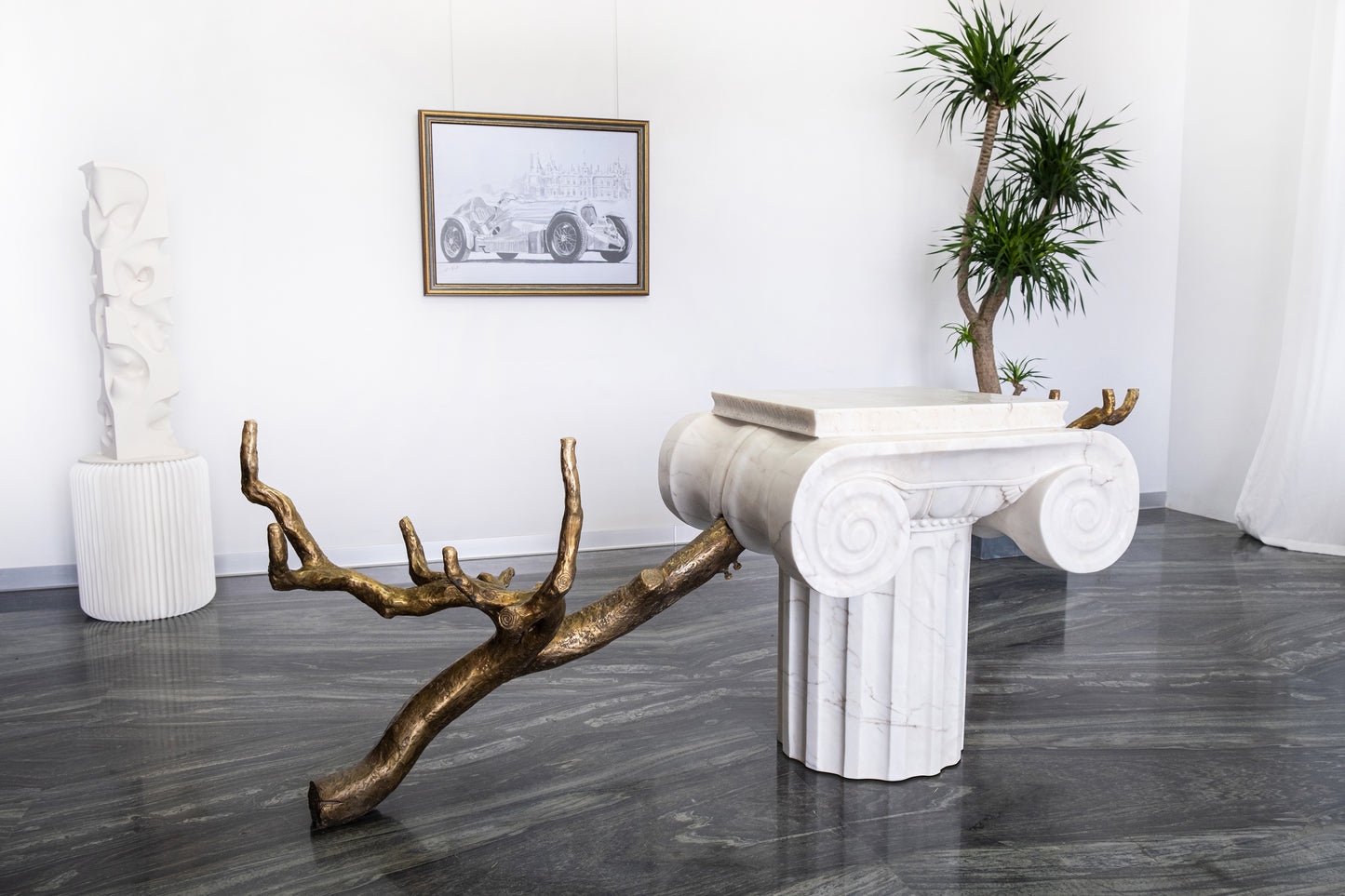Handcrafted Marble Column Plinth With Bronze Root