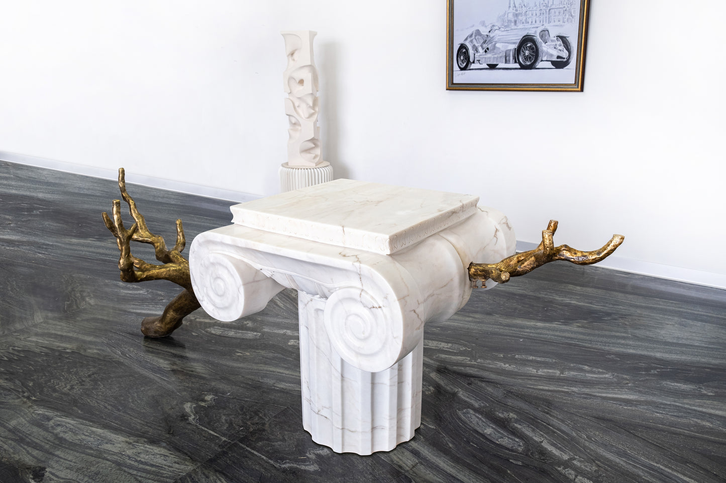 Handcrafted Marble Column Plinth With Bronze Root