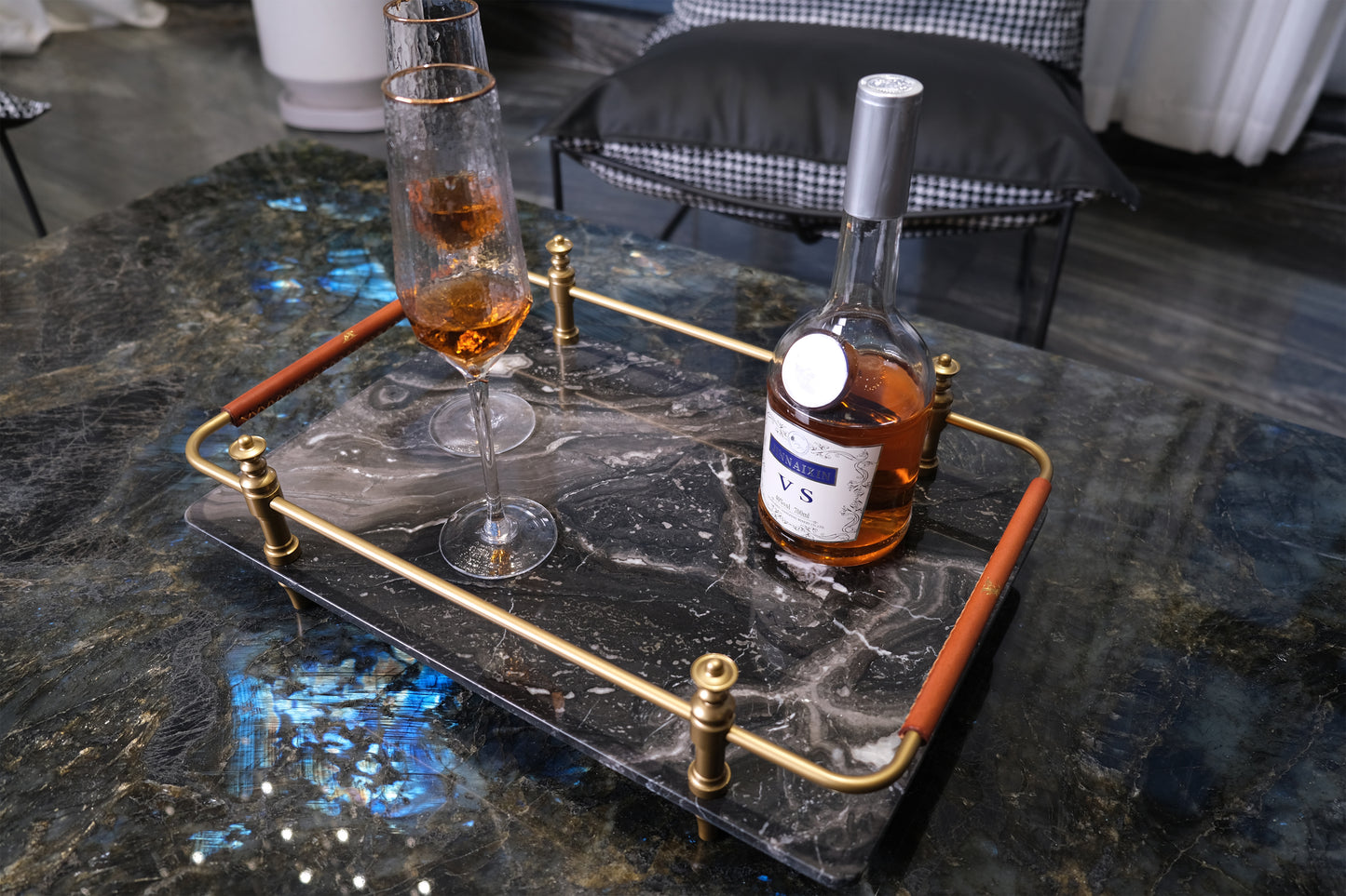 BLACK NATURAL MARBLE SERVING TRAY WITH GOLD BRASS HANDLES