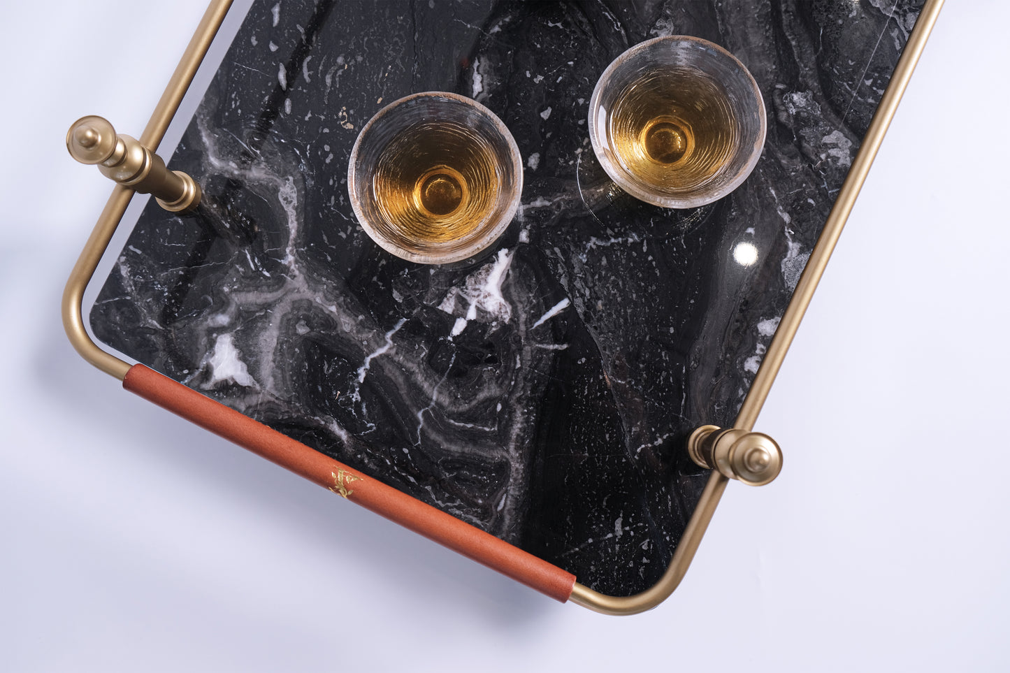 BLACK NATURAL MARBLE SERVING TRAY WITH GOLD BRASS HANDLES