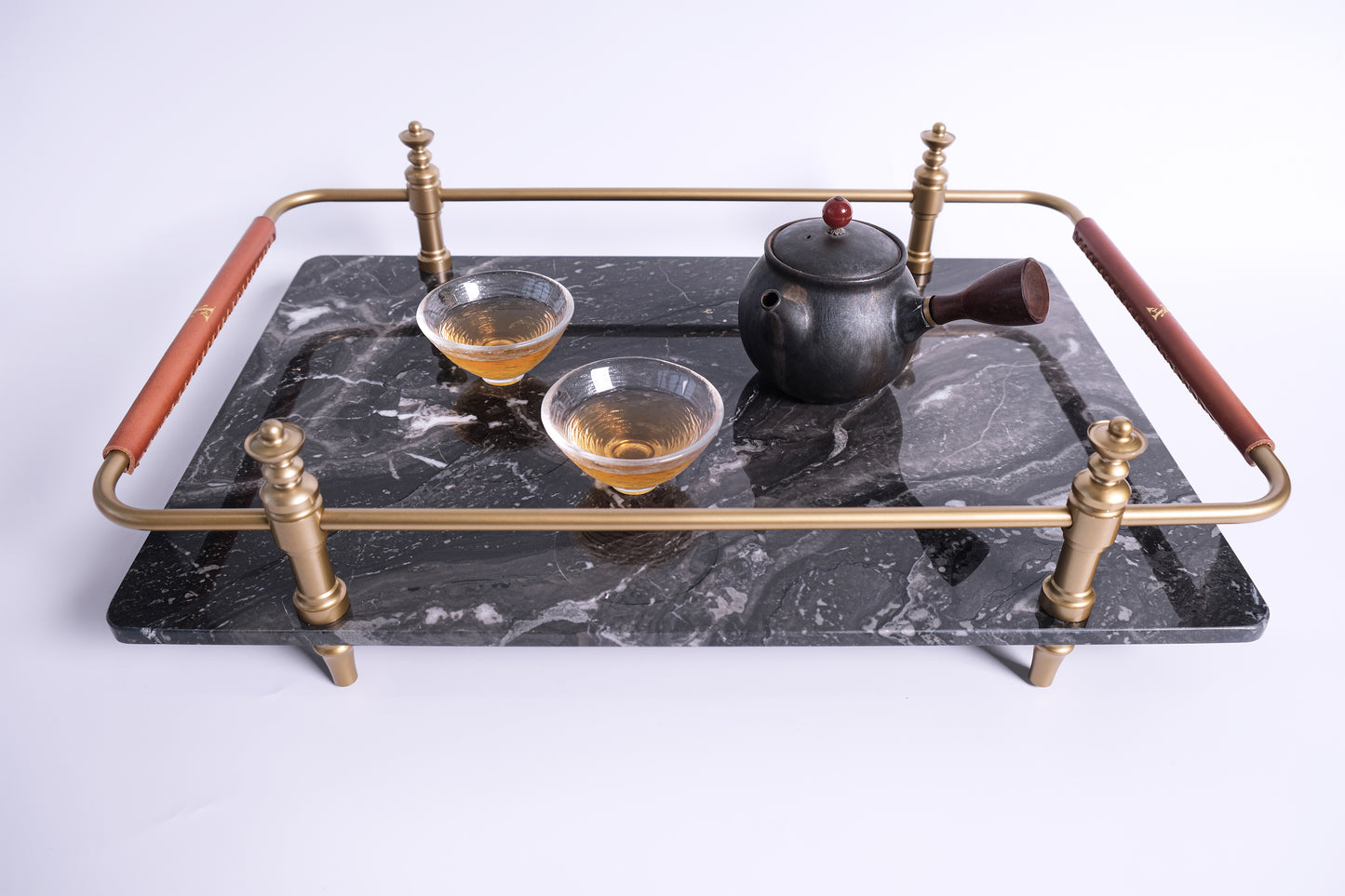 BLACK NATURAL MARBLE SERVING TRAY WITH GOLD BRASS HANDLES