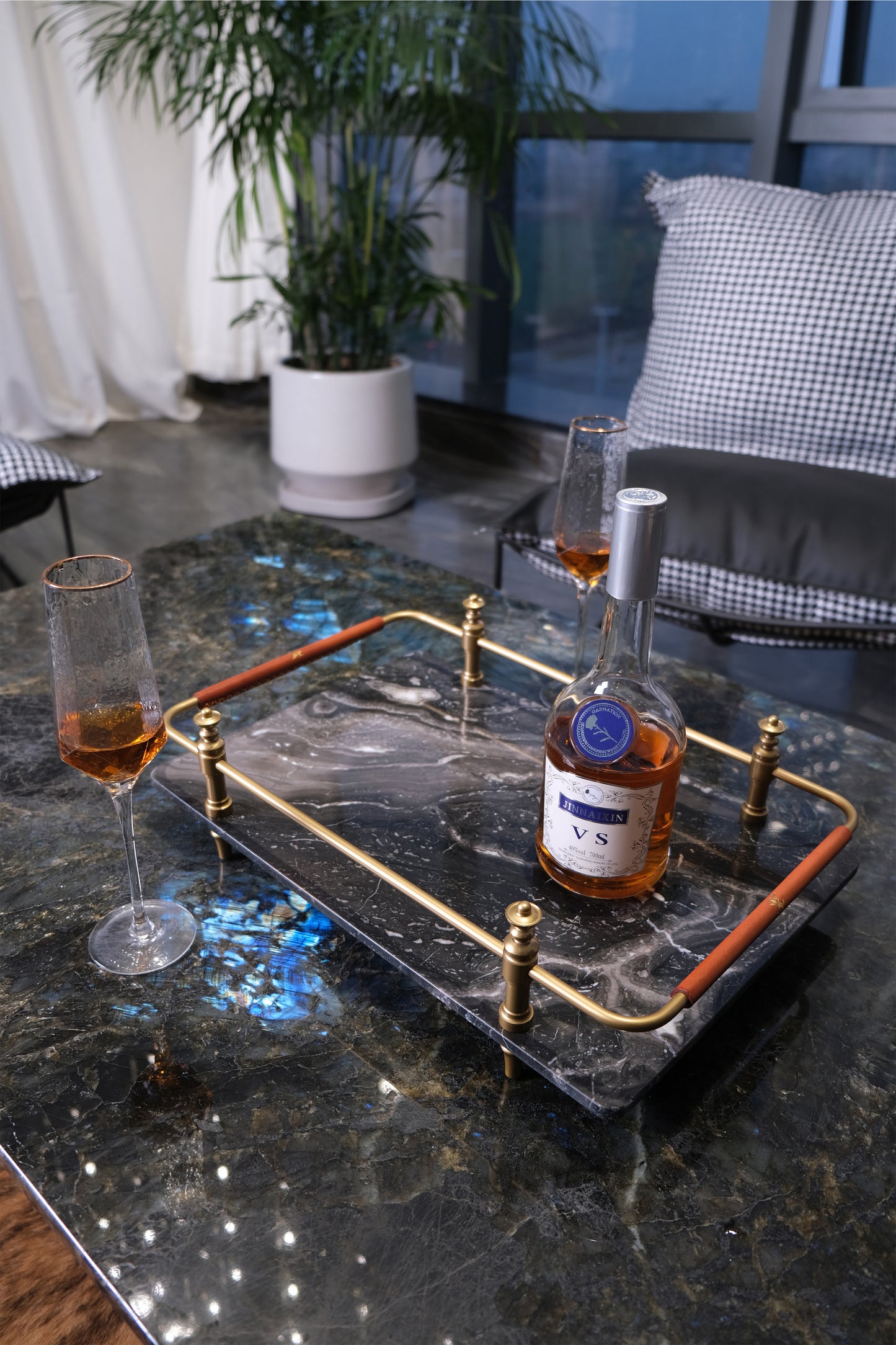 BLACK NATURAL MARBLE SERVING TRAY WITH GOLD BRASS HANDLES