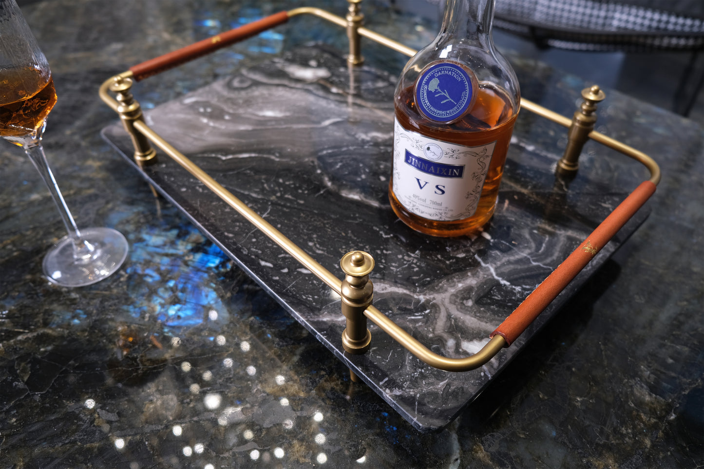 BLACK NATURAL MARBLE SERVING TRAY WITH GOLD BRASS HANDLES