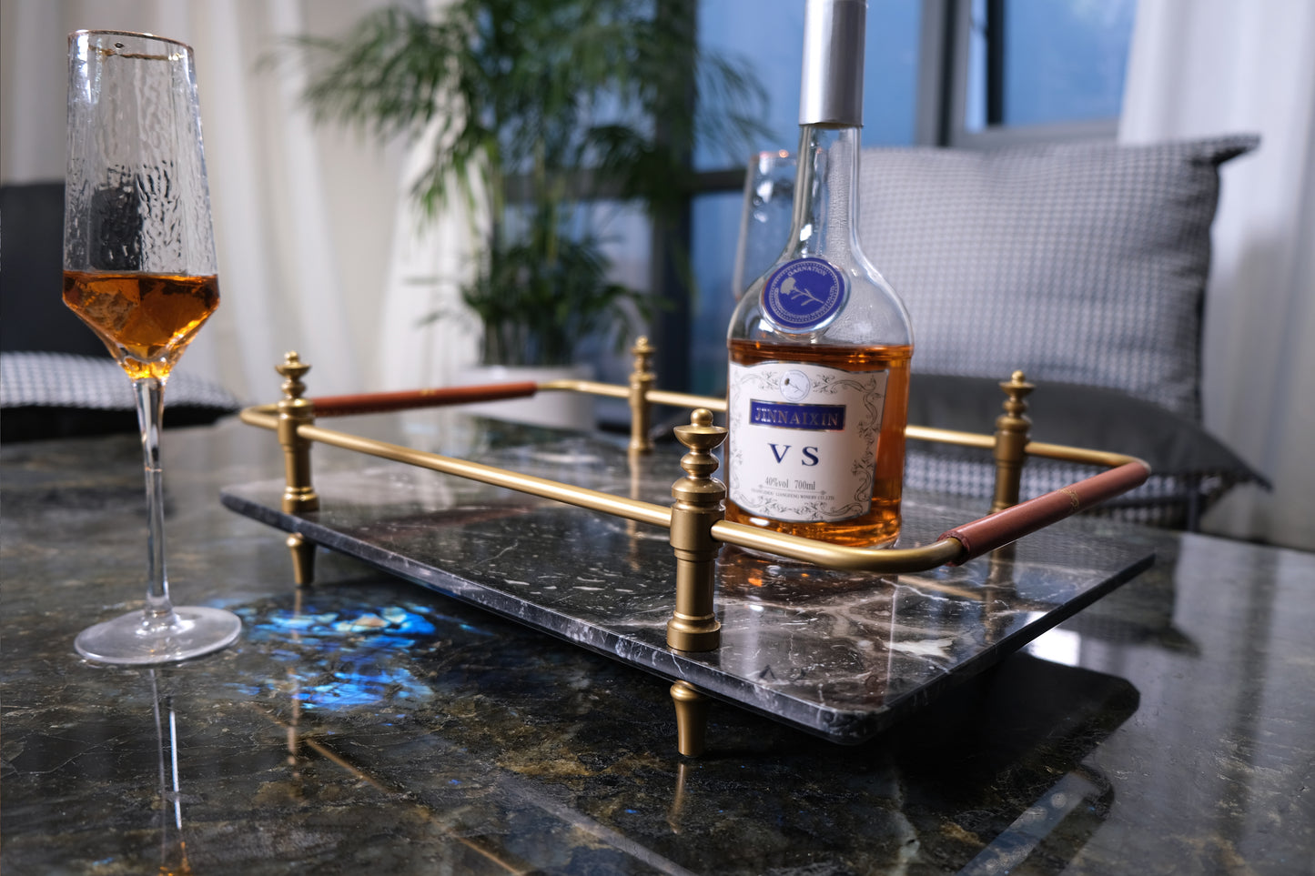 BLACK NATURAL MARBLE SERVING TRAY WITH GOLD BRASS HANDLES