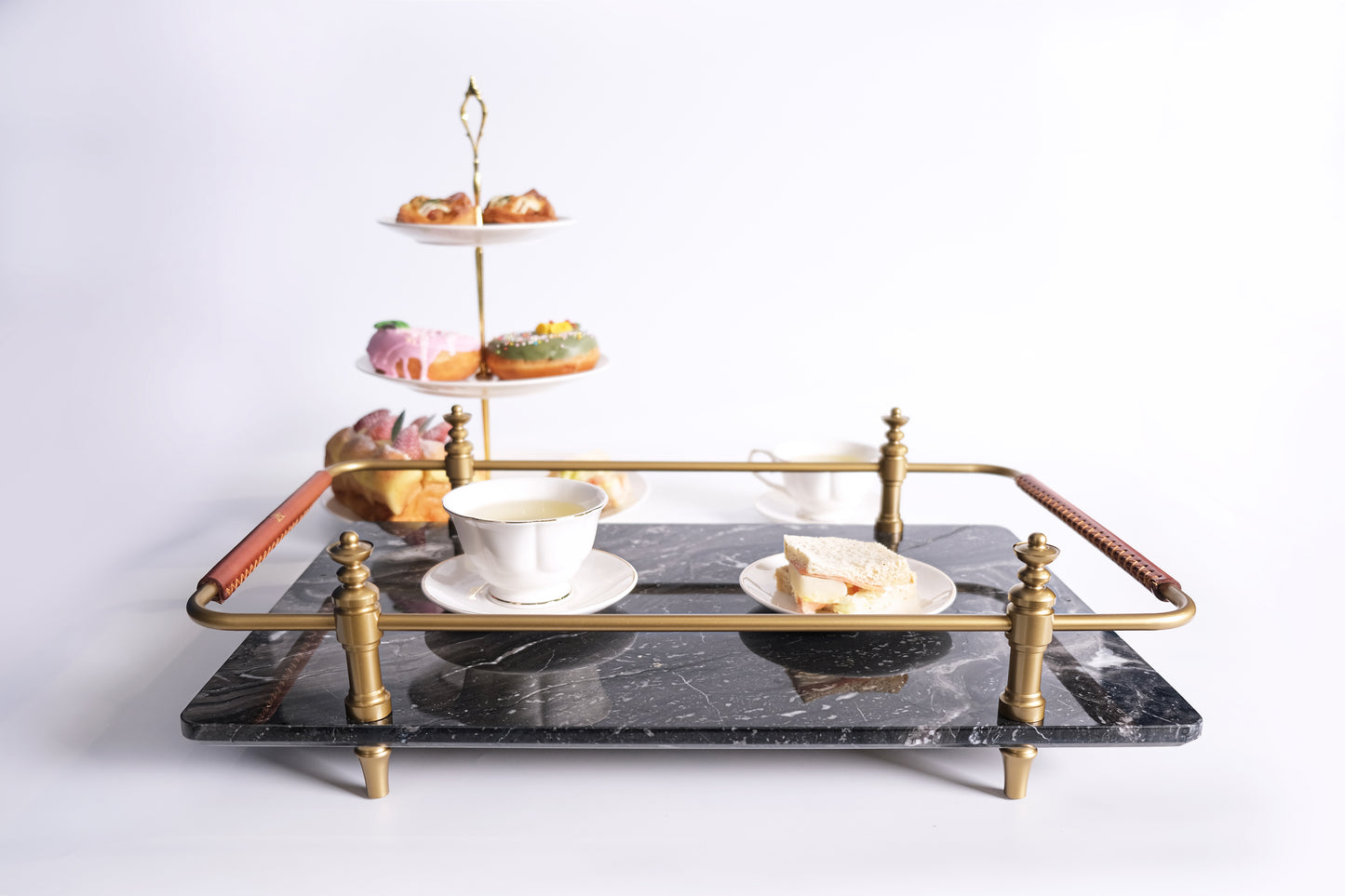 BLACK NATURAL MARBLE SERVING TRAY WITH GOLD BRASS HANDLES