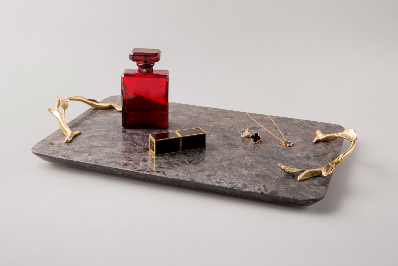 Shiny Marble Service Tray with Gold Brass Handles