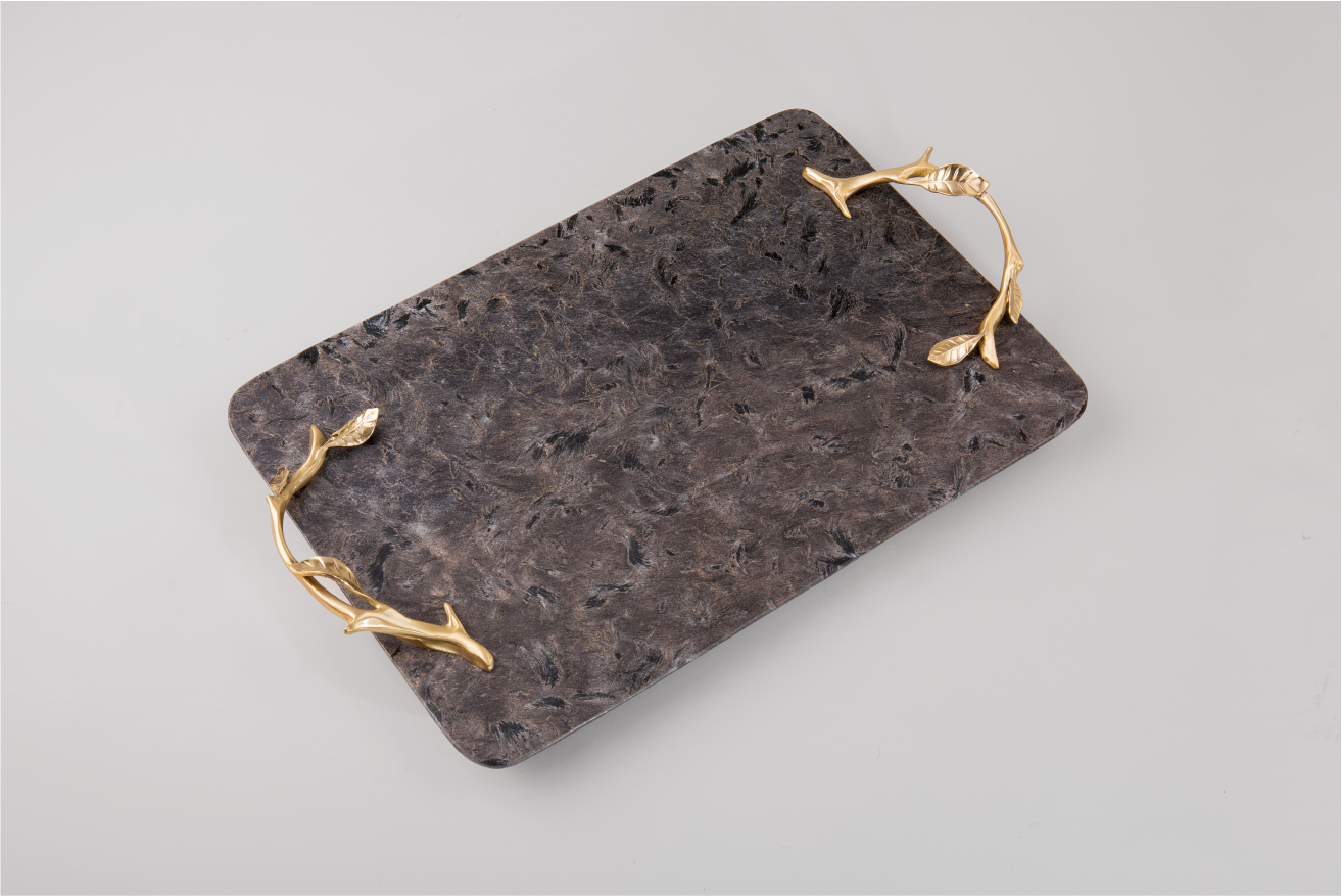 Shiny Marble Service Tray with Gold Brass Handles
