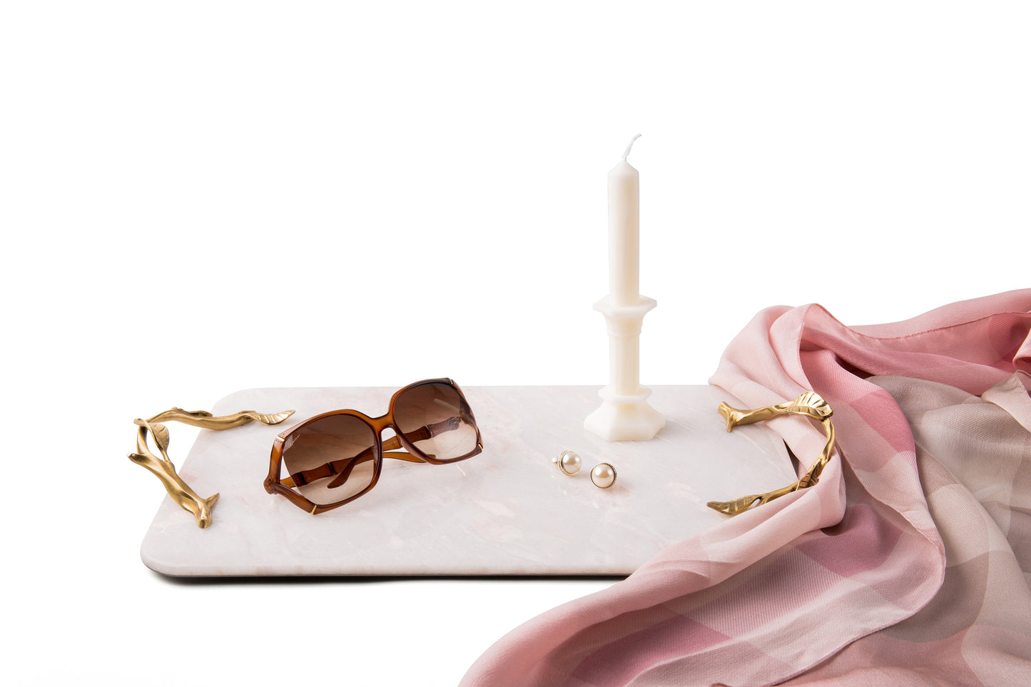 Pink Marble Service Tray with Gold Brass Handles