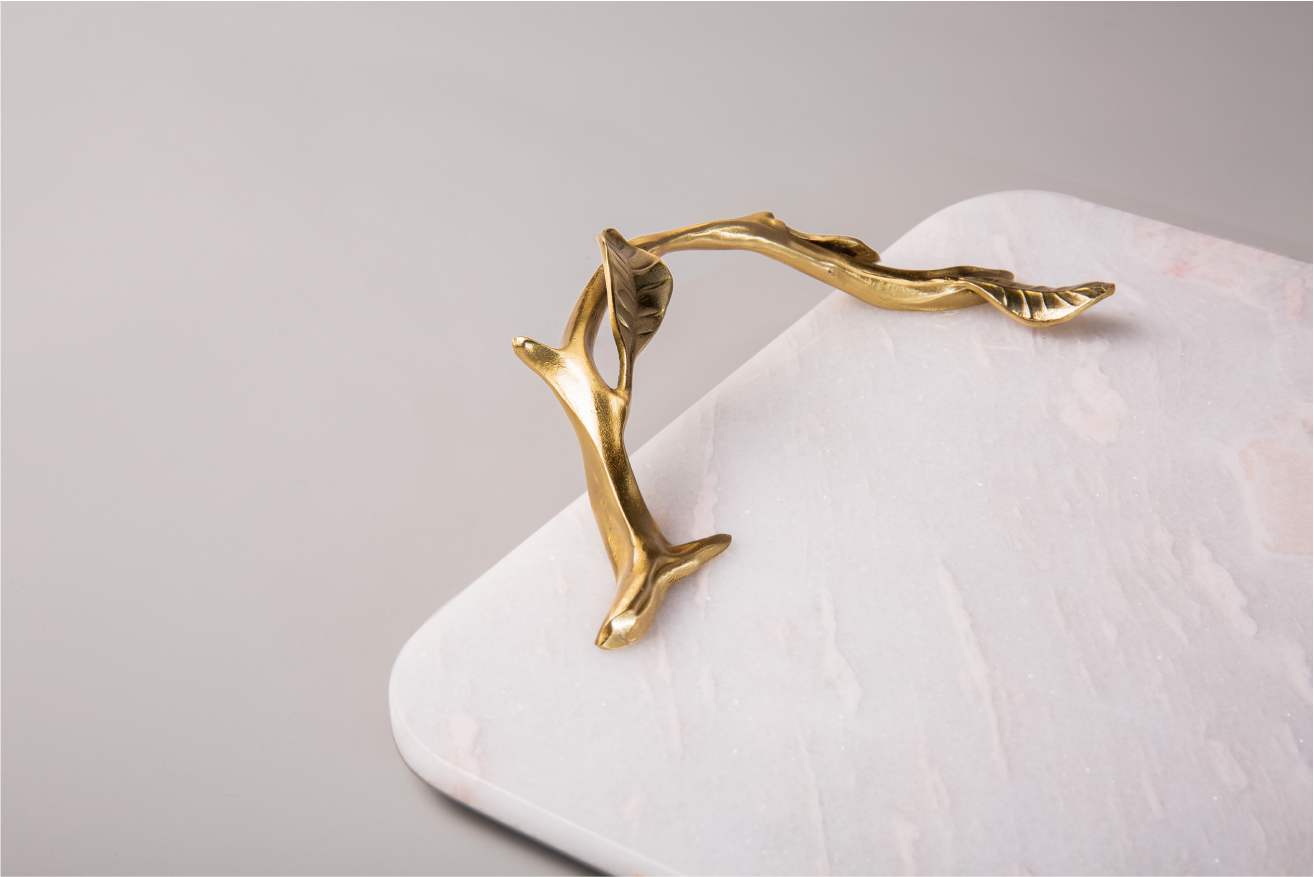 Pink Marble Service Tray with Gold Brass Handles