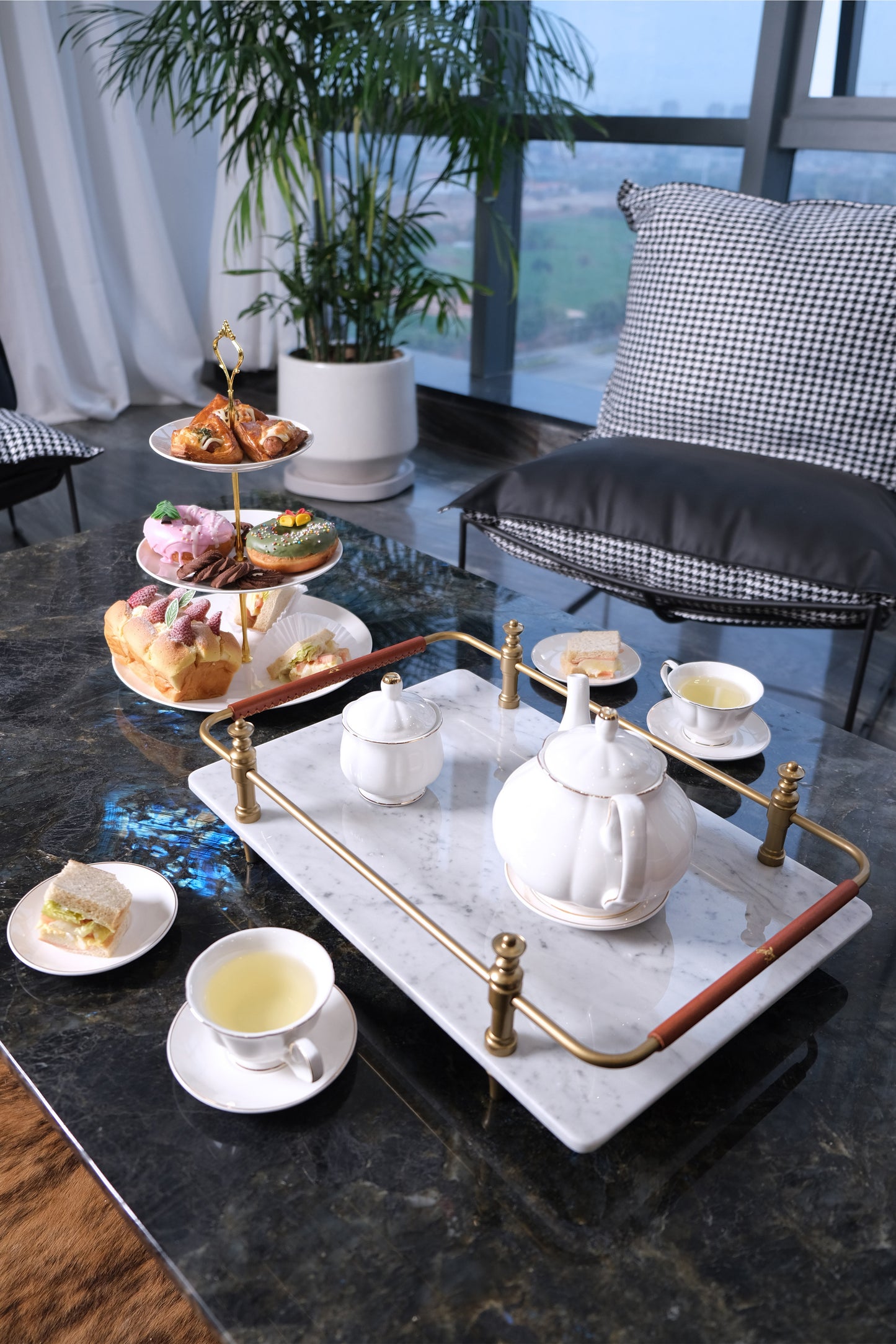 White Natural Marble Serving Tray With Gold Brass Handles