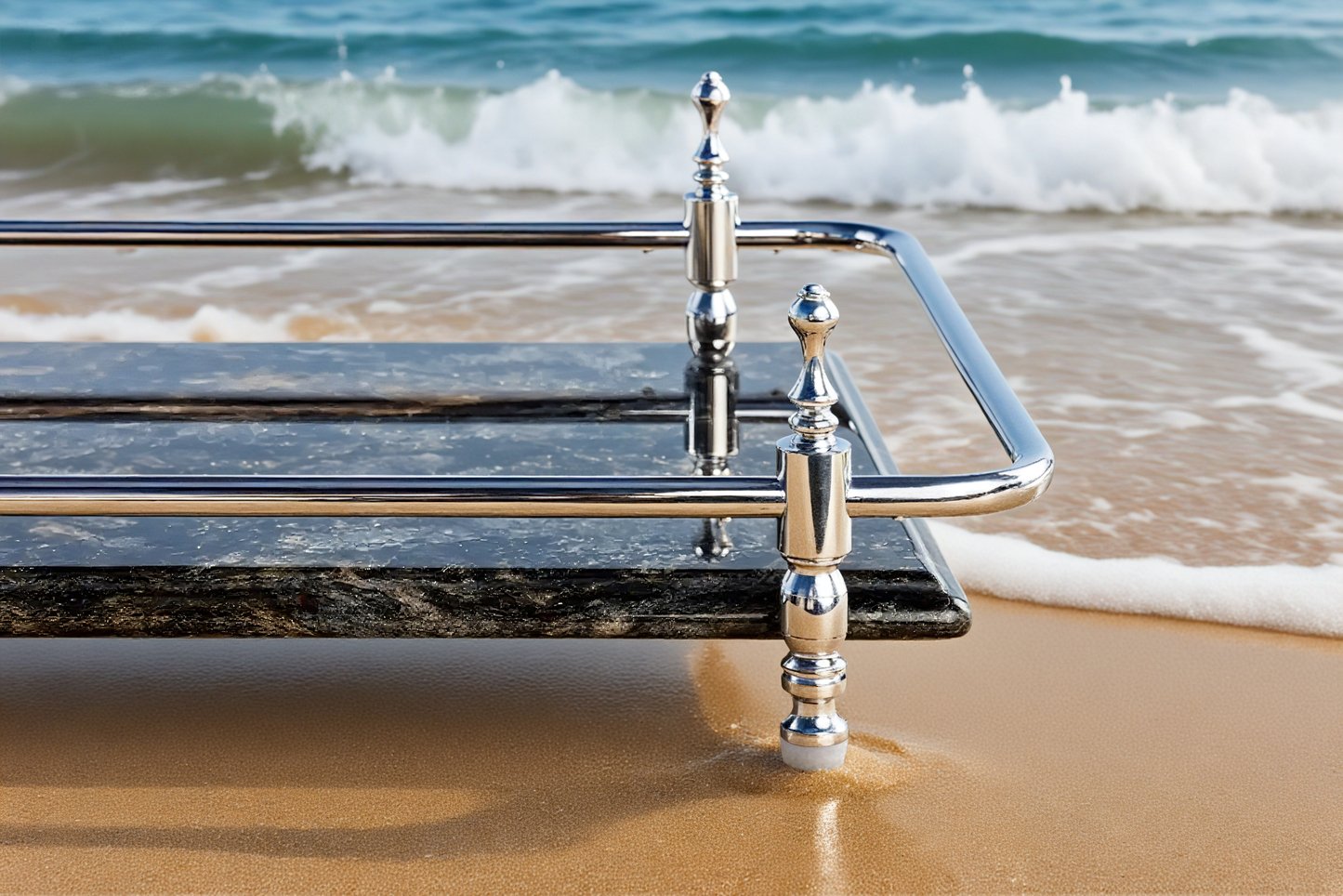18 inch Rectangle Black Granite Stone Serving Tray with Gold Handles