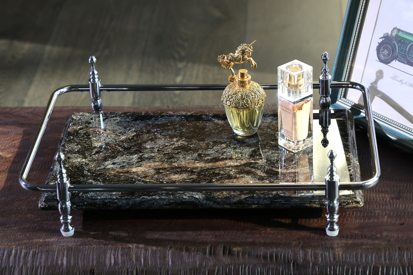 18 inch Rectangle Black Granite Stone Serving Tray with Gold Handles