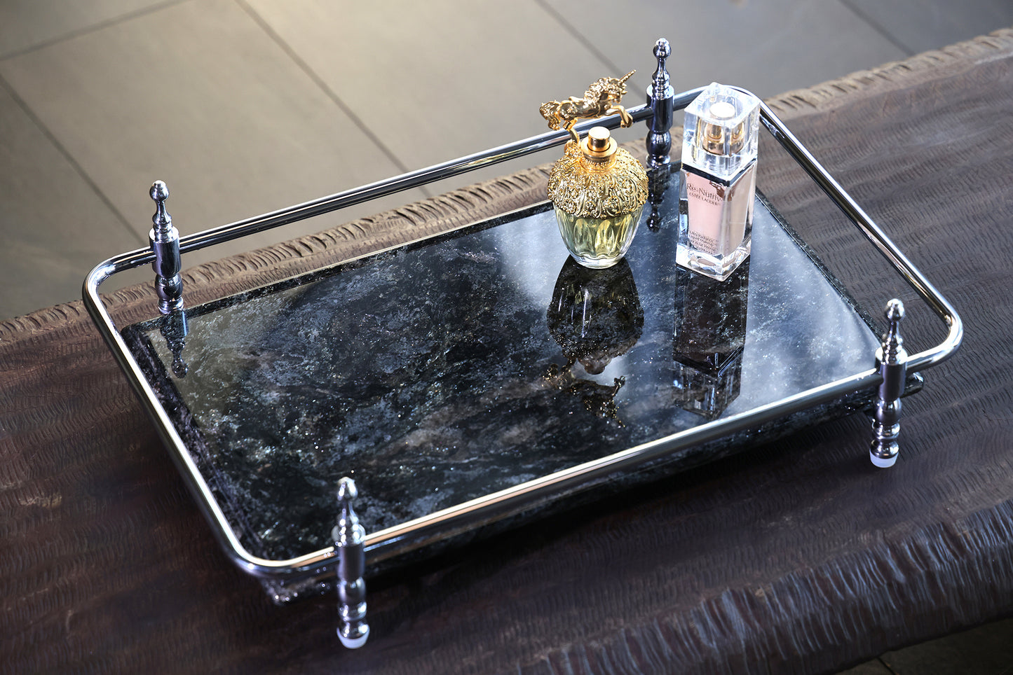 18 inch Rectangle Black Granite Stone Serving Tray with Gold Handles