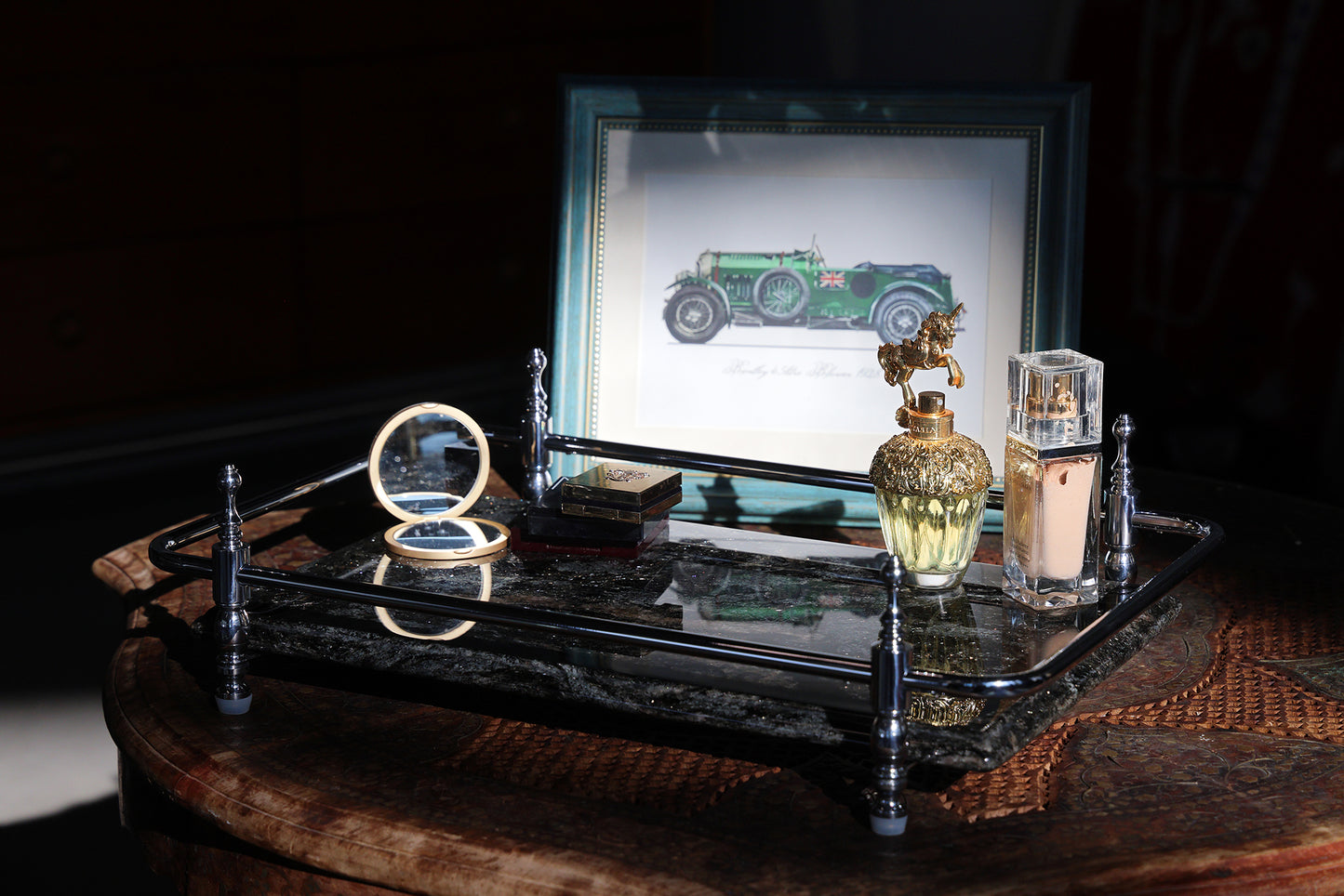 18 inch Rectangle Black Granite Stone Serving Tray with Gold Handles