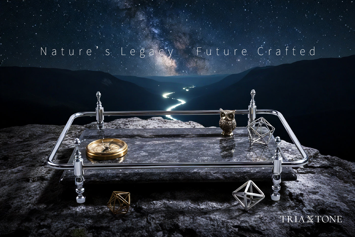 18 inch Rectangle Black Granite Stone Serving Tray with Gold Handles