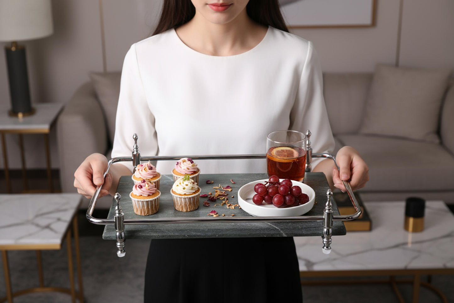 Round Corner Rectangle Emerald Green Marble Tray with Silver Handles