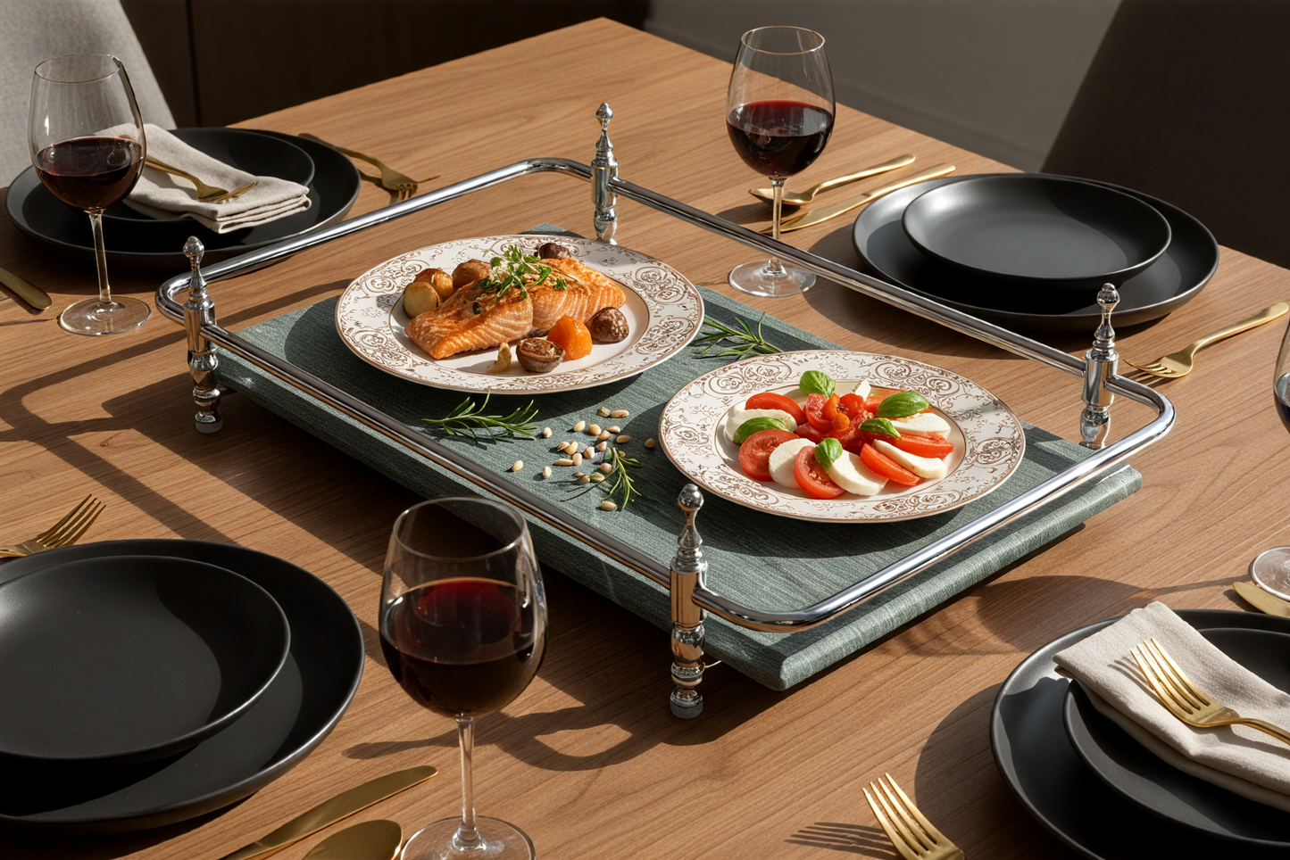 Round Corner Rectangle Emerald Green Marble Tray with Silver Handles