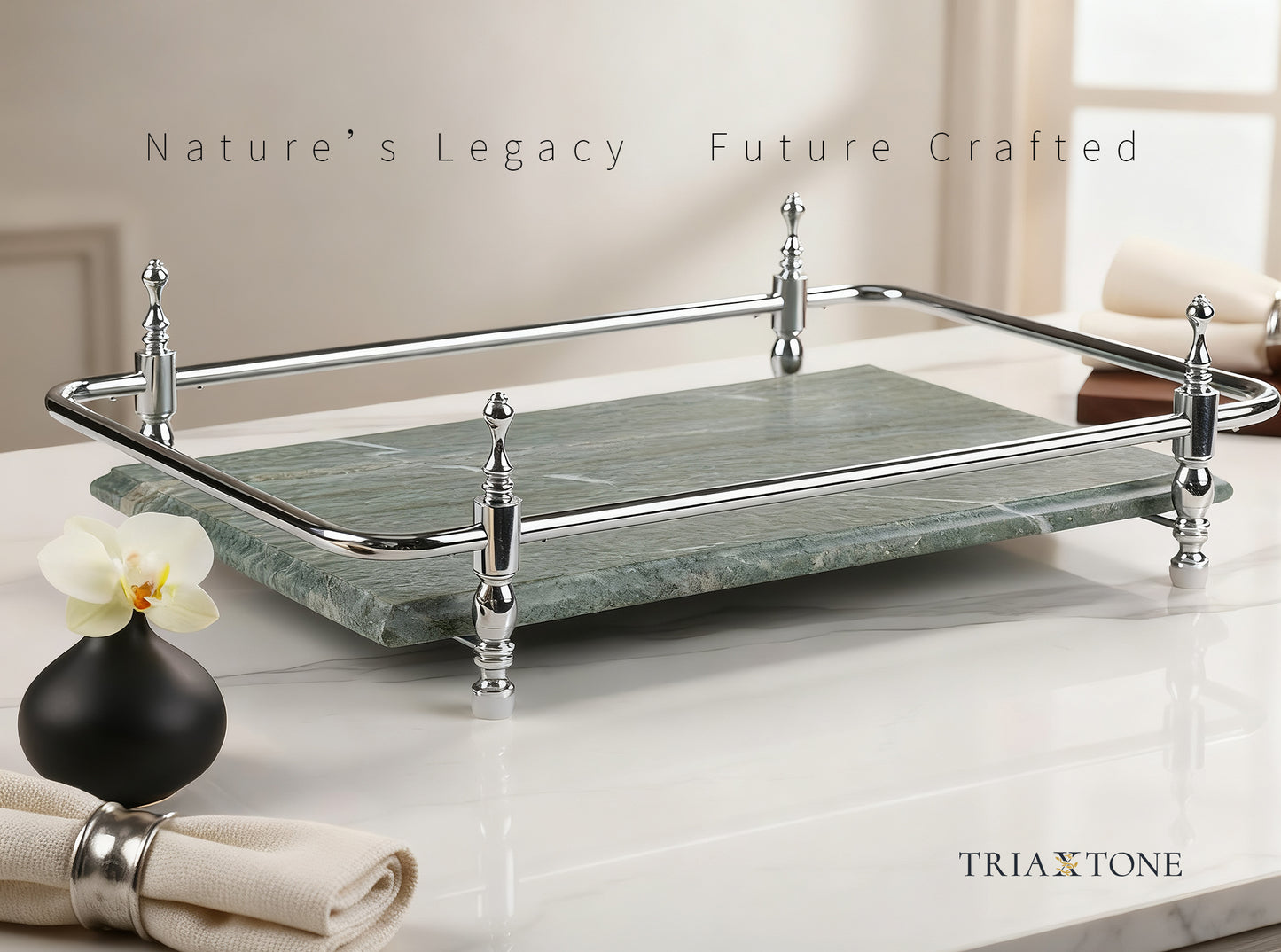 Round Corner Rectangle Emerald Green Marble Tray with Silver Handles