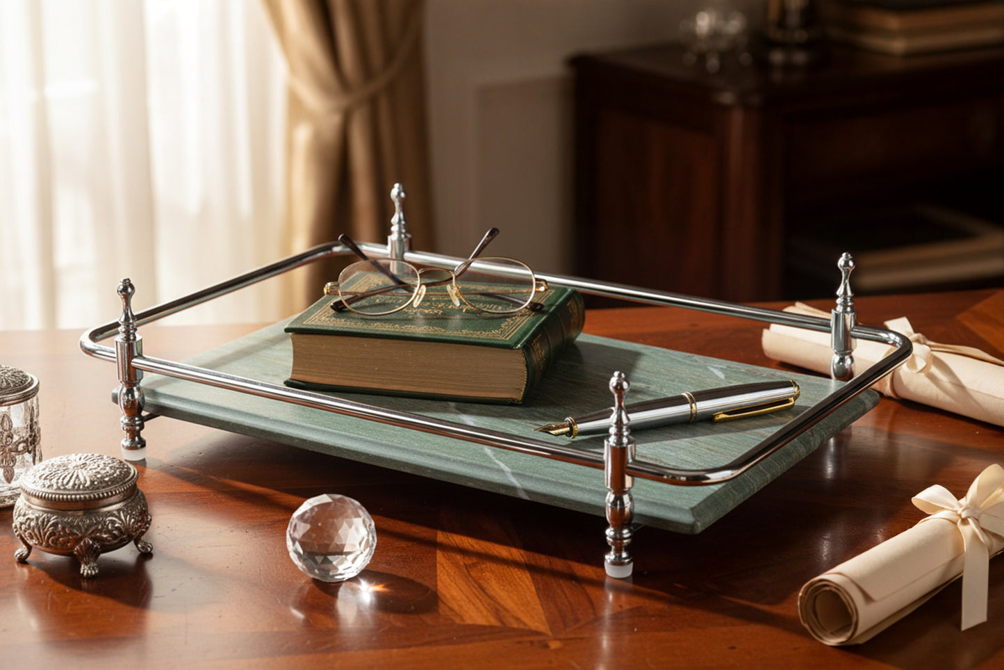 Round Corner Rectangle Emerald Green Marble Tray with Silver Handles