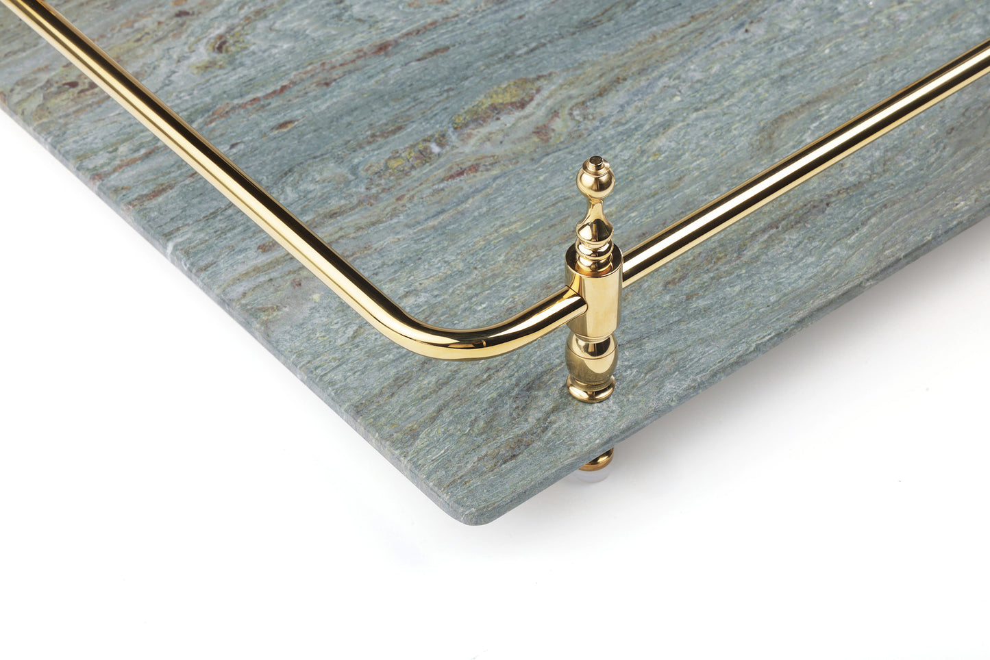 Round Corner Rectangle Emerald Green Marble Tray with Silver Handles