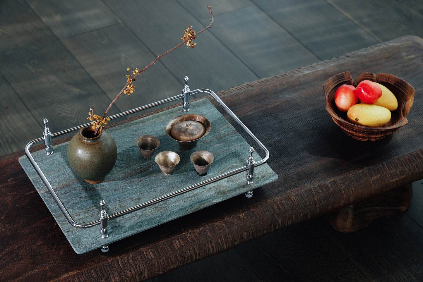Round Corner Rectangle Emerald Green Marble Tray with Silver Handles