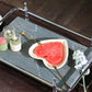 Round Corner Rectangle Emerald Green Marble Tray with Silver Handles