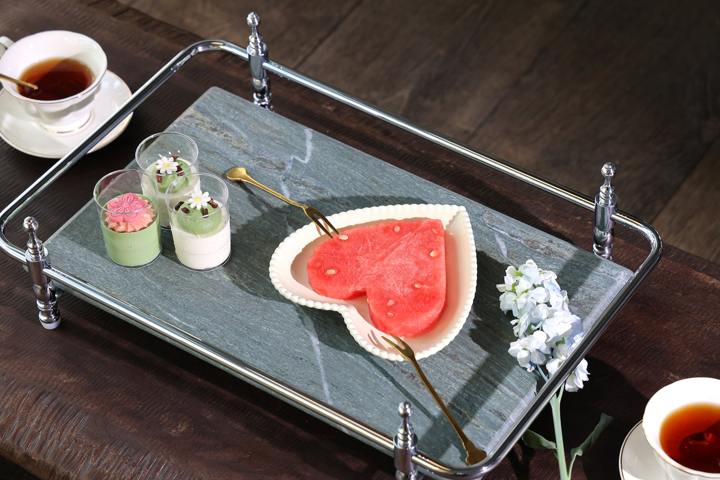 Round Corner Rectangle Emerald Green Marble Tray with Silver Handles