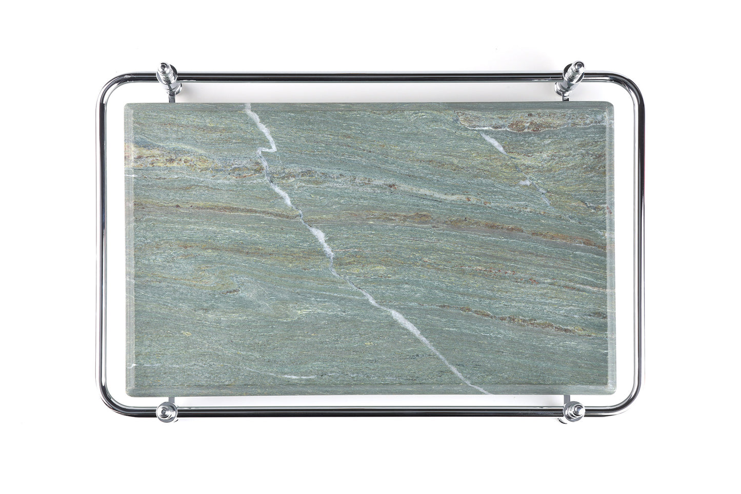 Round Corner Rectangle Emerald Green Marble Tray with Silver Handles