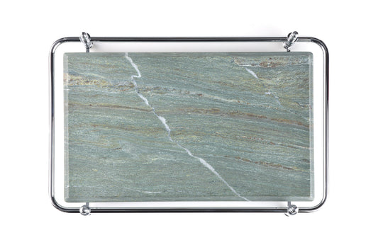 Round Corner Rectangle Emerald Green Marble Tray with Silver Handles