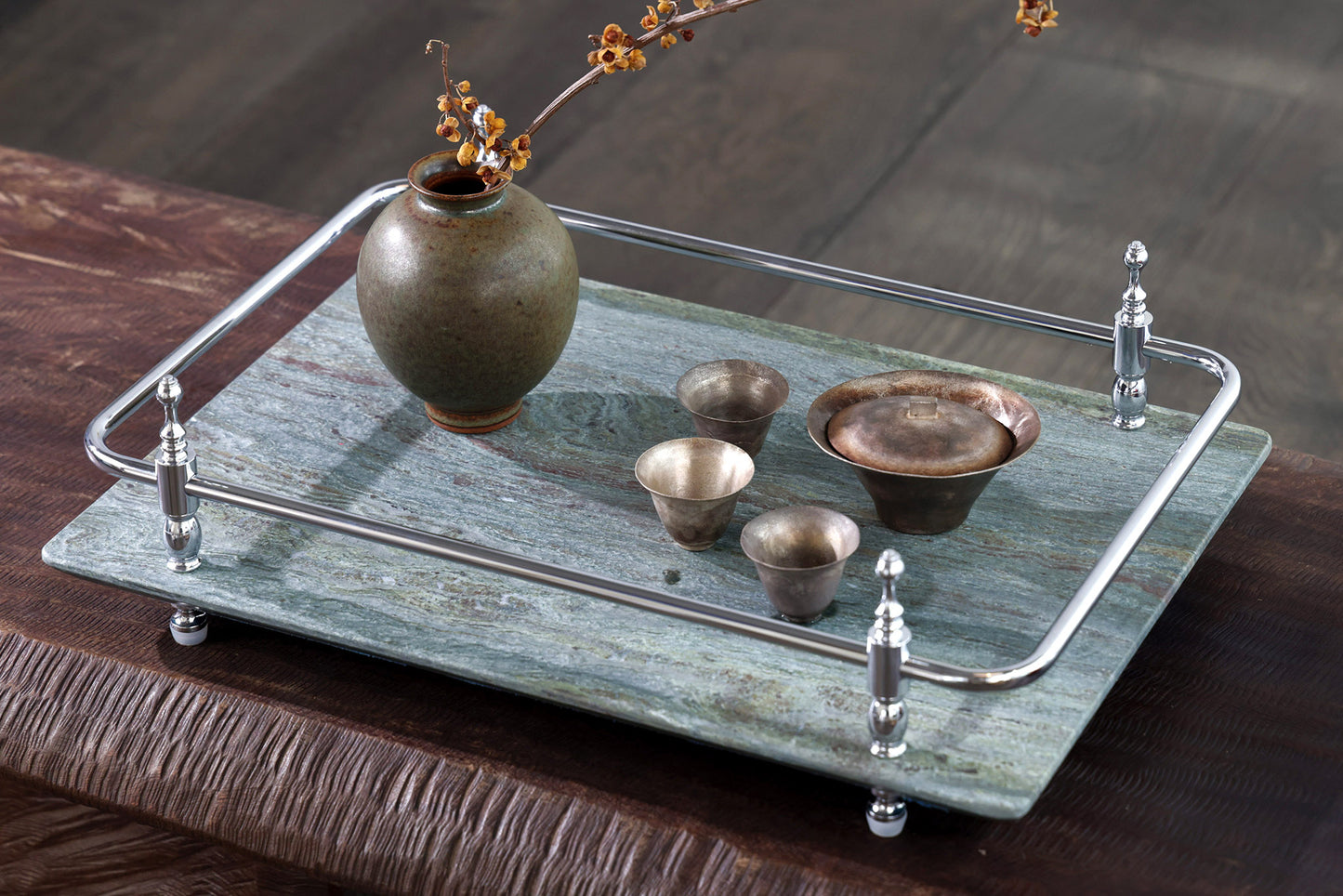 Round Corner Rectangle Emerald Green Marble Tray with Silver Handles