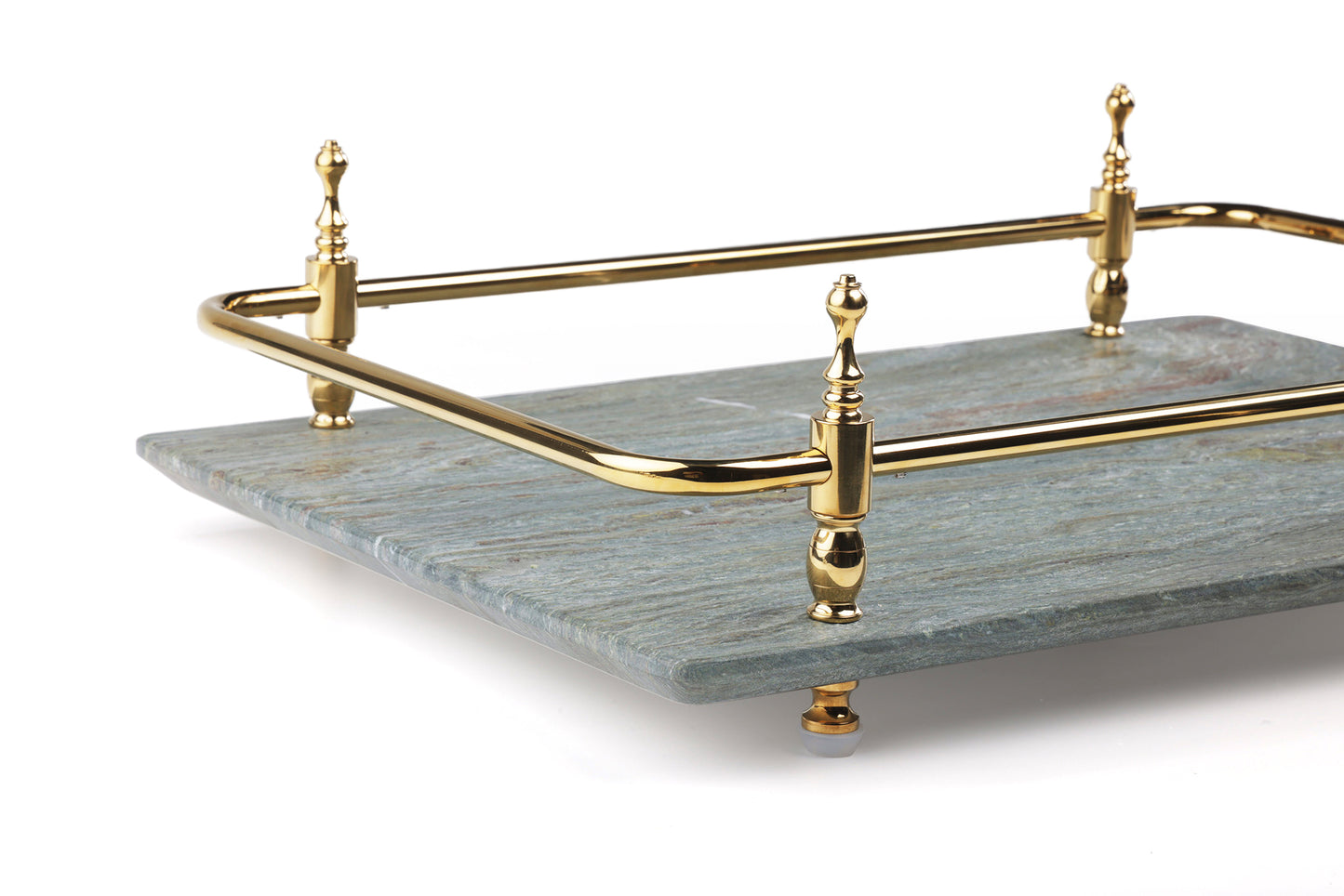 Round Corner Rectangle Emerald Green Marble Tray with Silver Handles