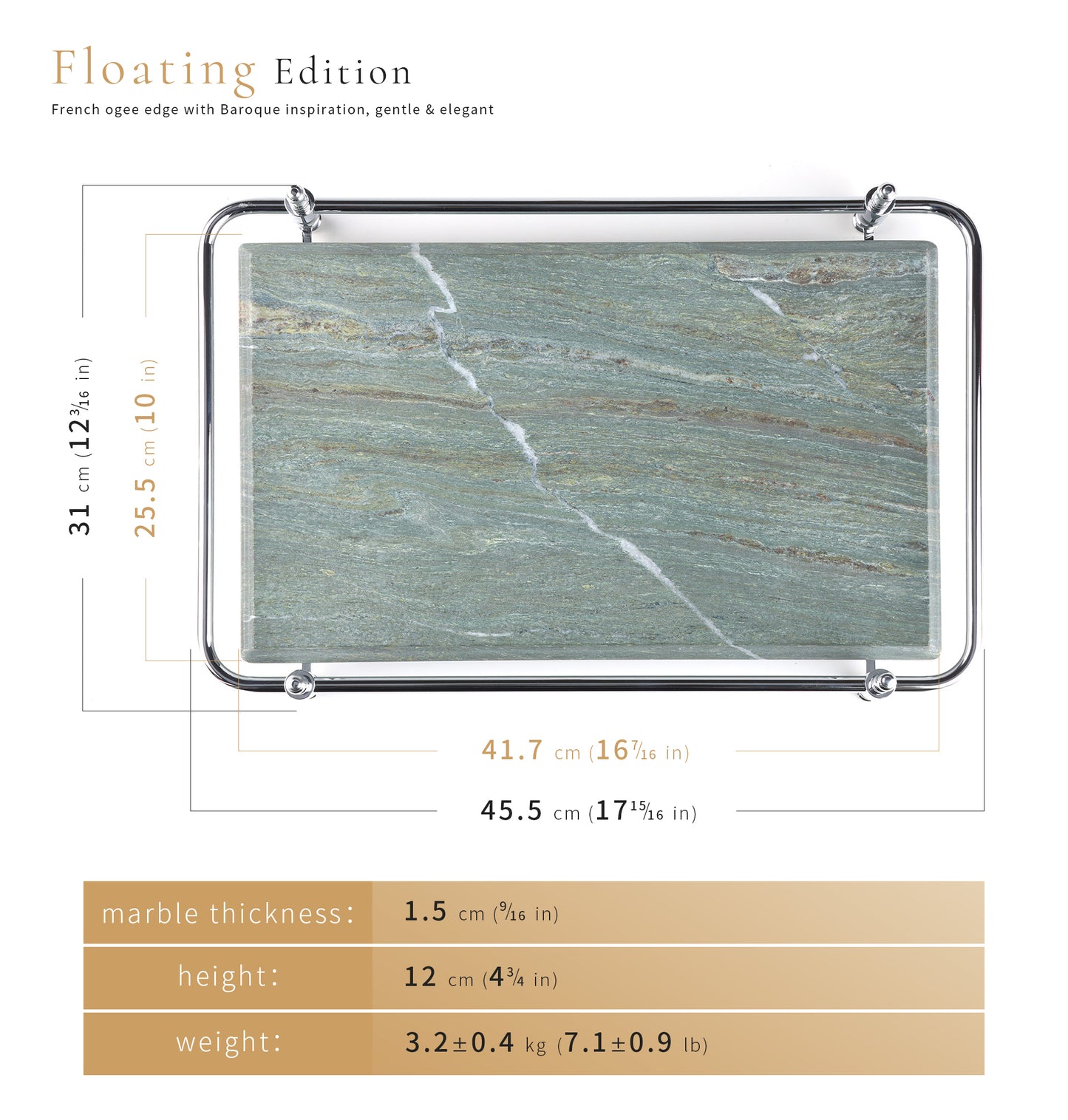 Round Corner Rectangle Emerald Green Marble Tray with Silver Handles