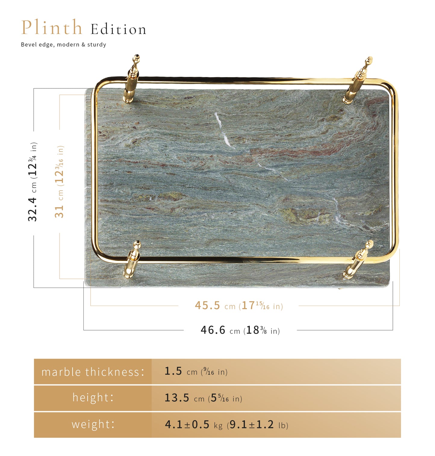 Round Corner Rectangle Emerald Green Marble Tray with Silver Handles