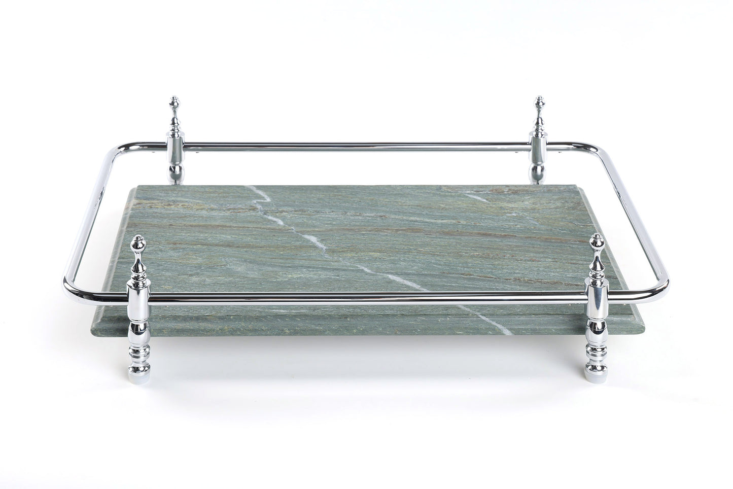 Round Corner Rectangle Emerald Green Marble Tray with Silver Handles