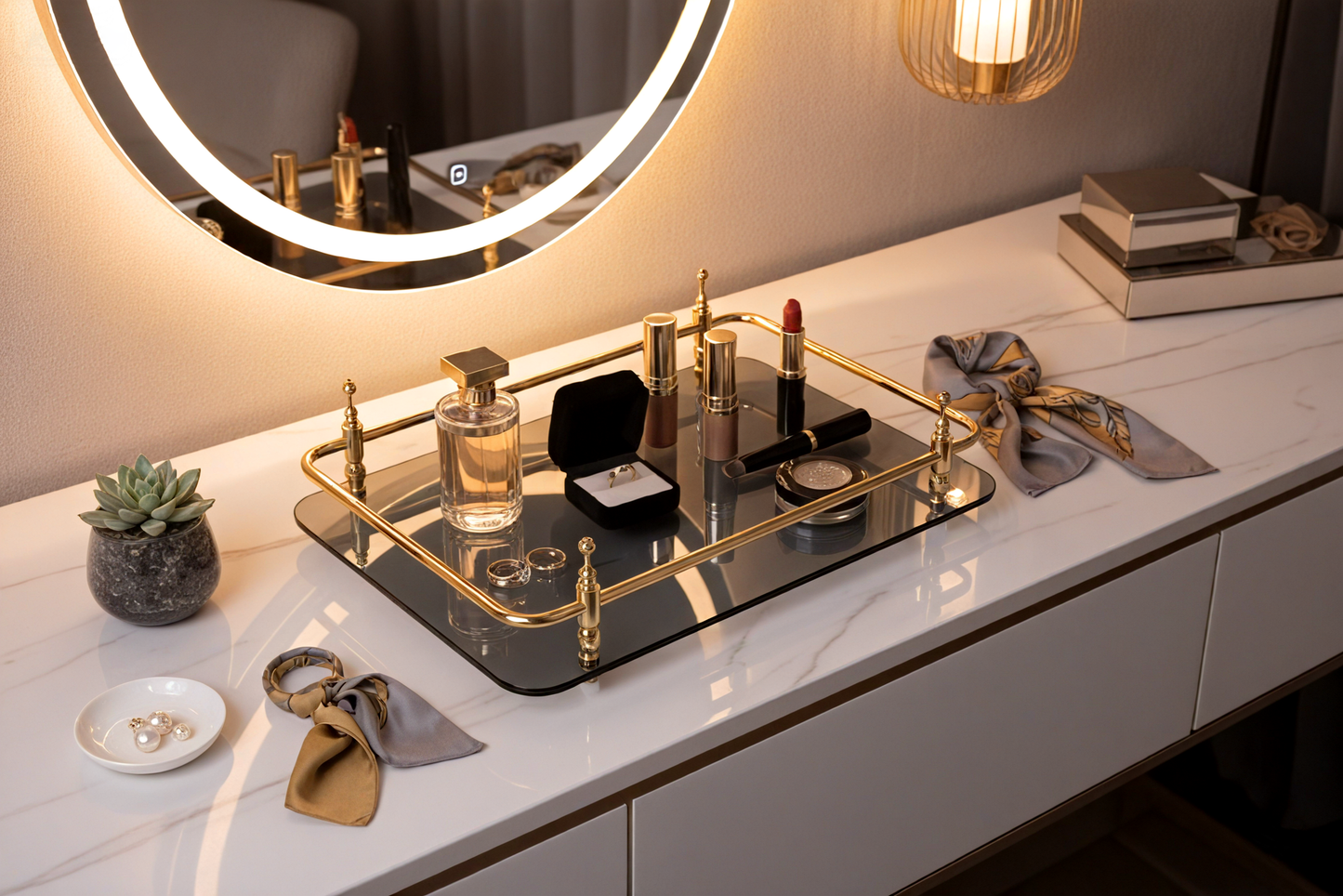 18-Inch Rectangle Tempered Glass Tray with Chrome Handles