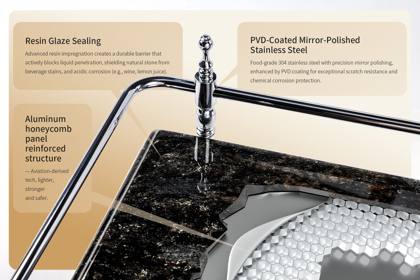 18 inch Rectangle Black Granite Stone Serving Tray with Gold Handles