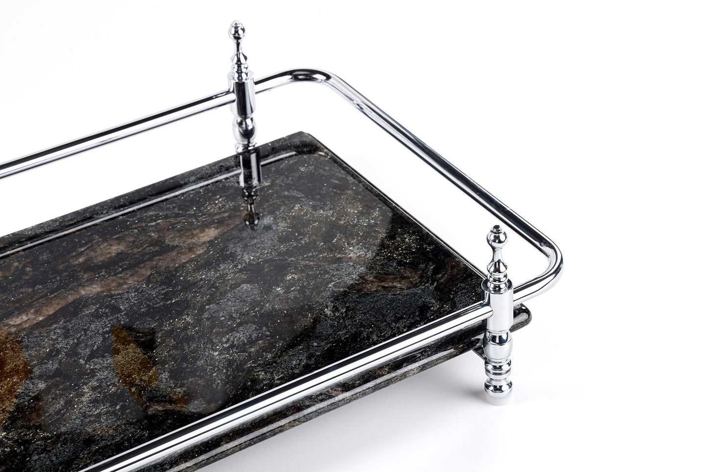 18 inch Rectangle Black Granite Stone Serving Tray with Gold Handles