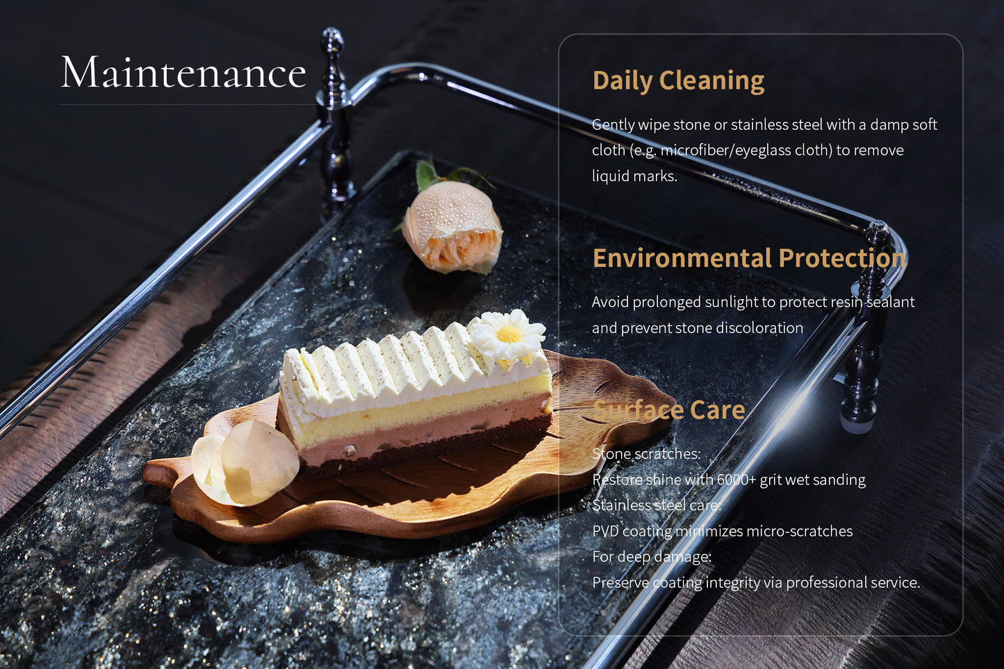 18 inch Rectangle Black Granite Stone Serving Tray with Gold Handles