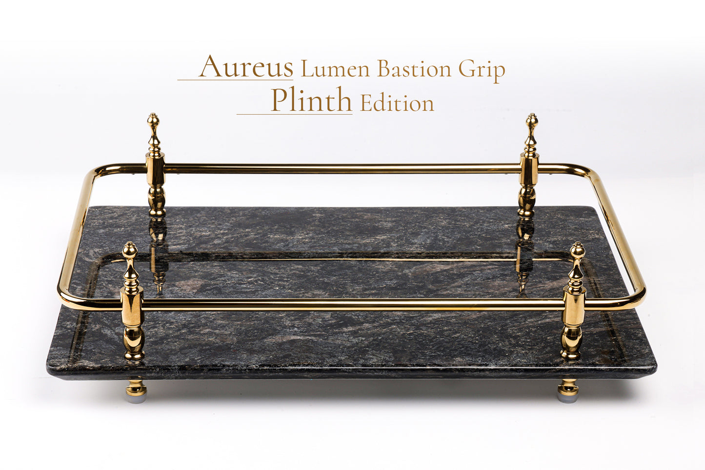 18 inch Rectangle Black Granite Stone Serving Tray with Gold Handles