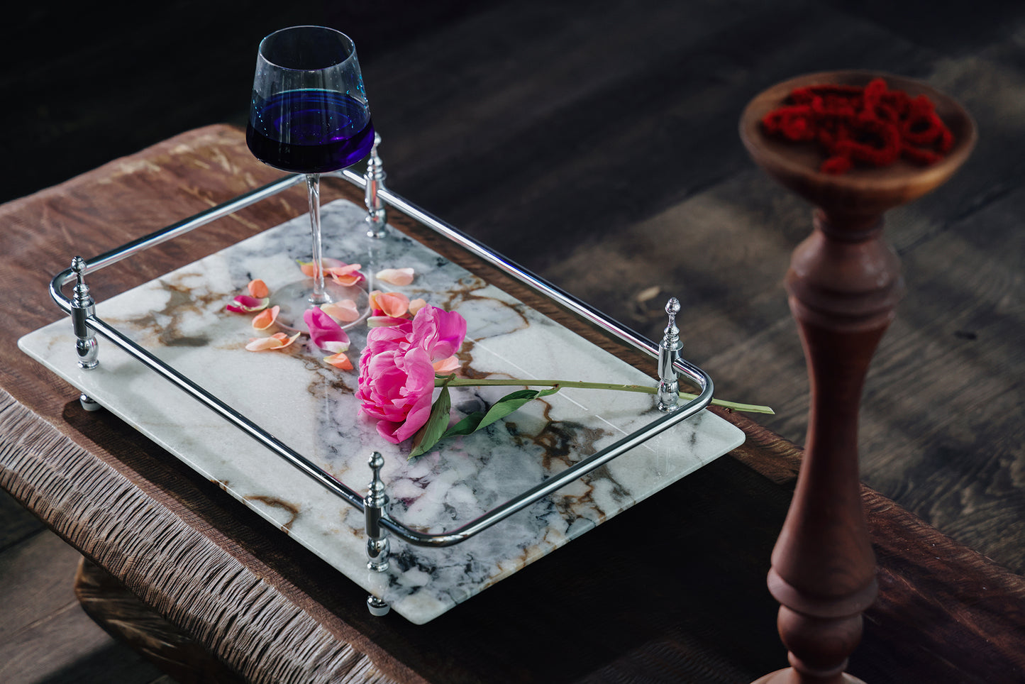 18 inch Rectangle White Marble Serving Tray with Silver Handles