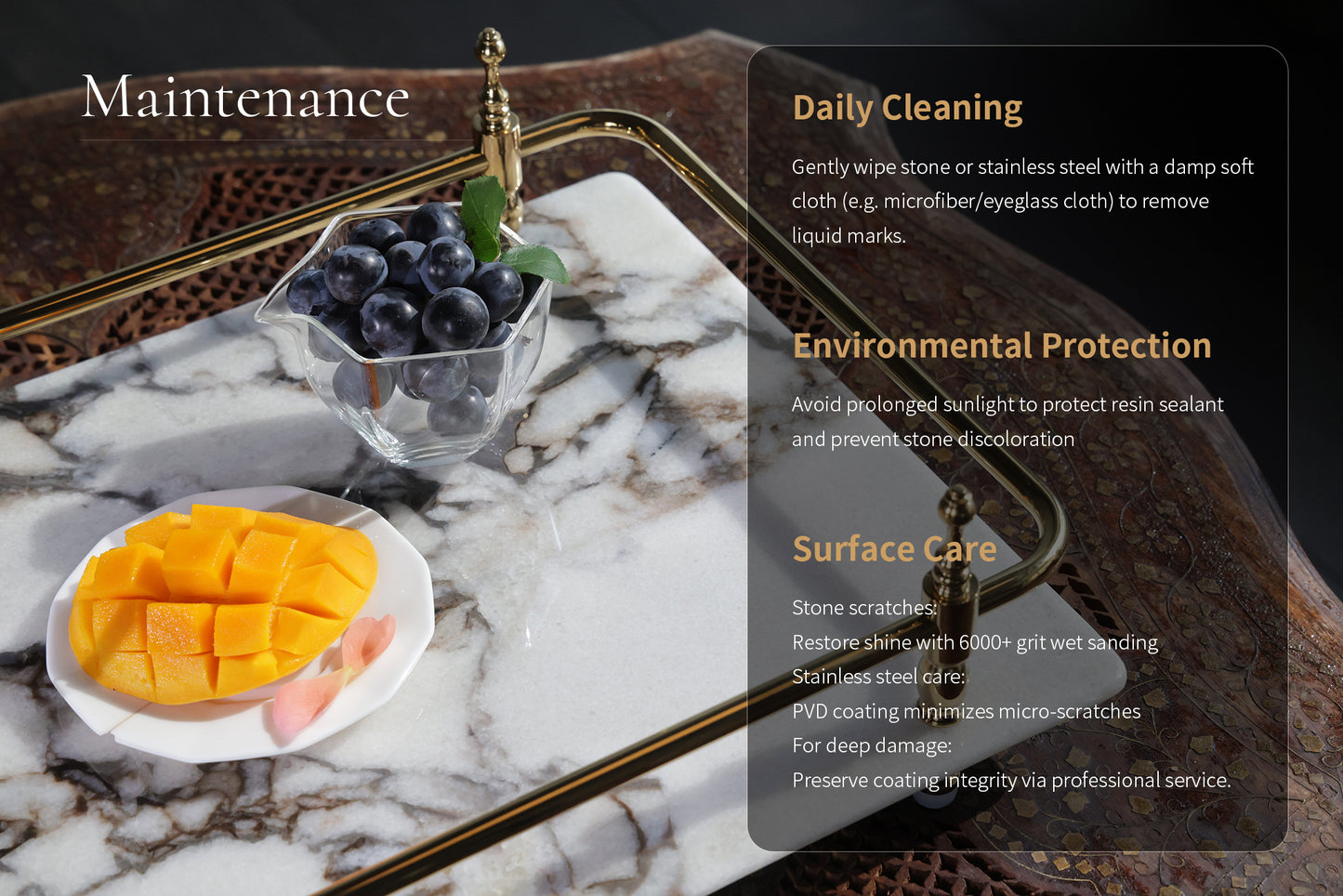 18 inch Rectangle White Marble Serving Tray with Silver Handles