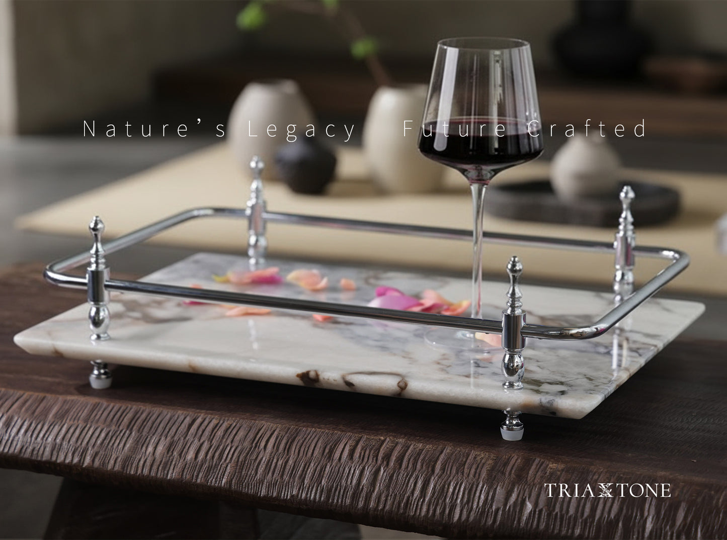 18 inch Rectangle White Marble Serving Tray with Silver Handles