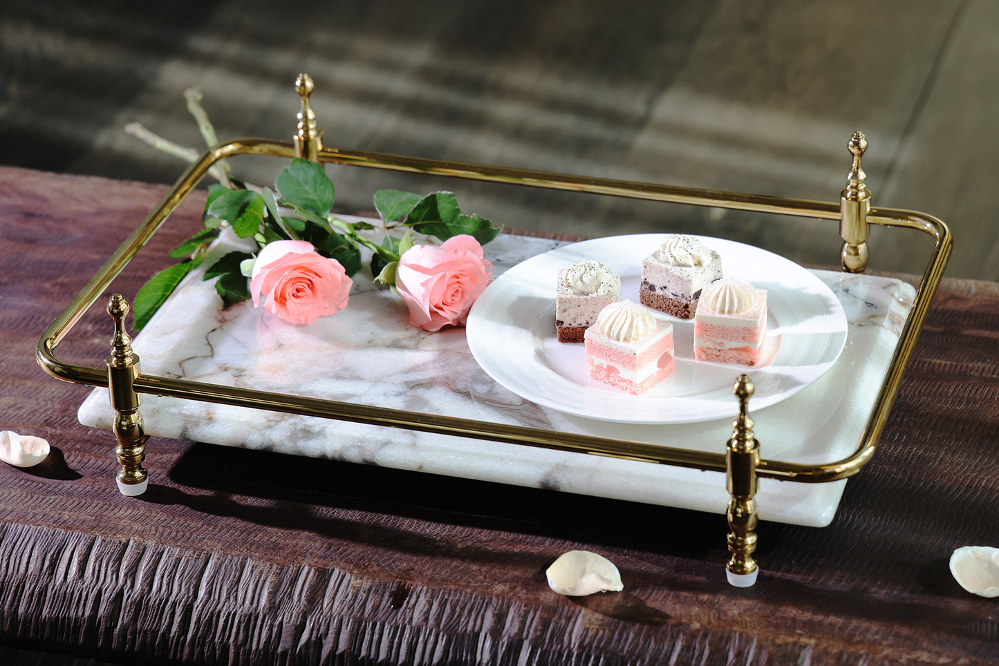 18 inch Rectangle White Marble Serving Tray with Silver Handles