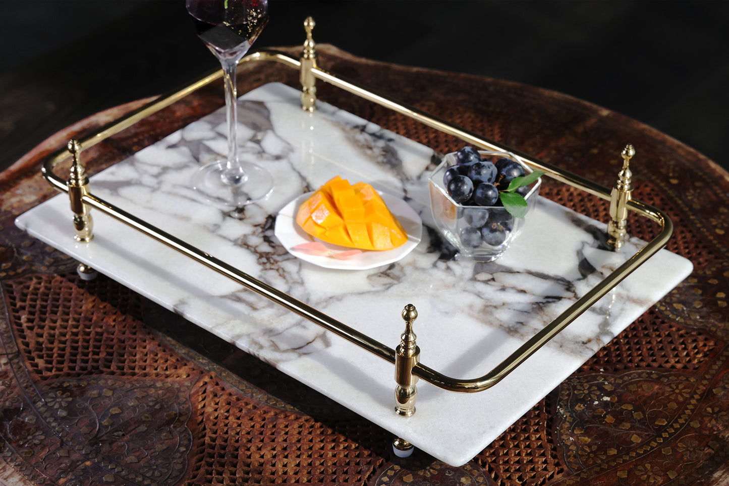 18 inch Rectangle White Marble Serving Tray with Silver Handles